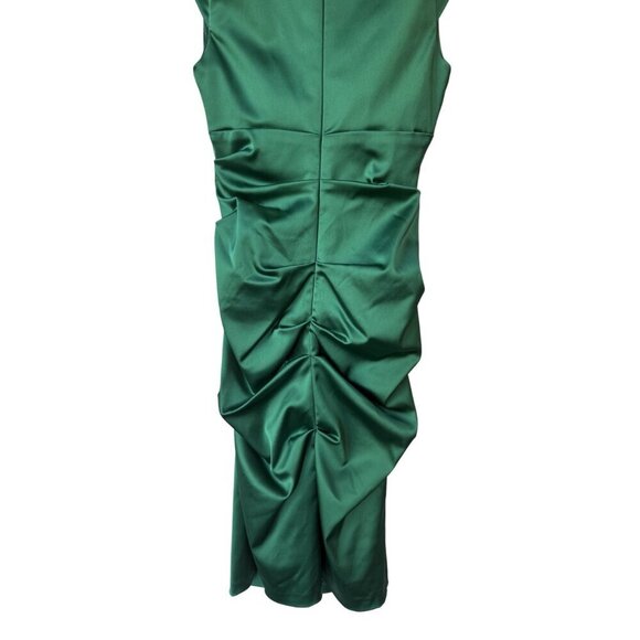 Xscape Holiday Dress Sz 4 Satin Kelly Green Sheath Ruffle Ruched Cocktail - Picture 7 of 9